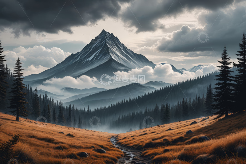 高清大图下载【趣麦麦图】山间草地森林与云雾景观