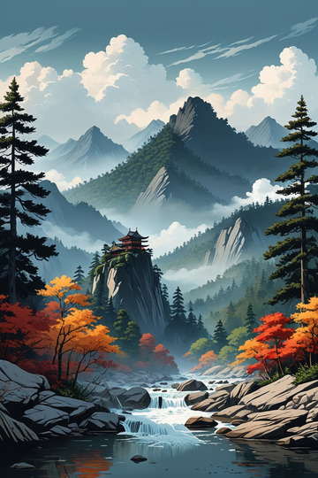 山间中式楼阁自然风光