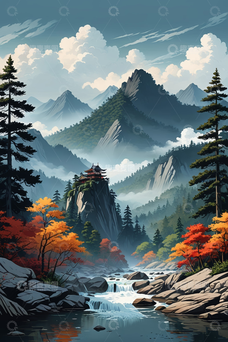 高清大图下载【趣麦麦图】山间中式楼阁自然风光