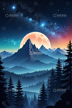 月夜下的山林与山峰景观