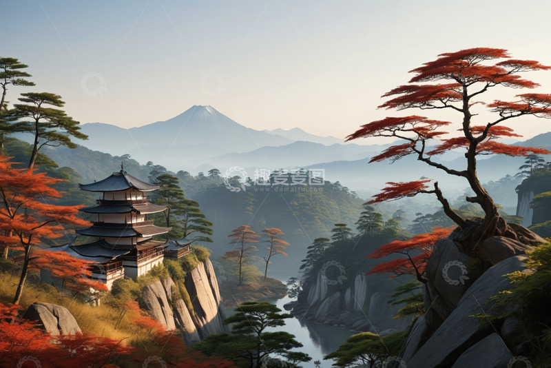 高清大图下载【趣麦麦图】日本山间秋景古建筑