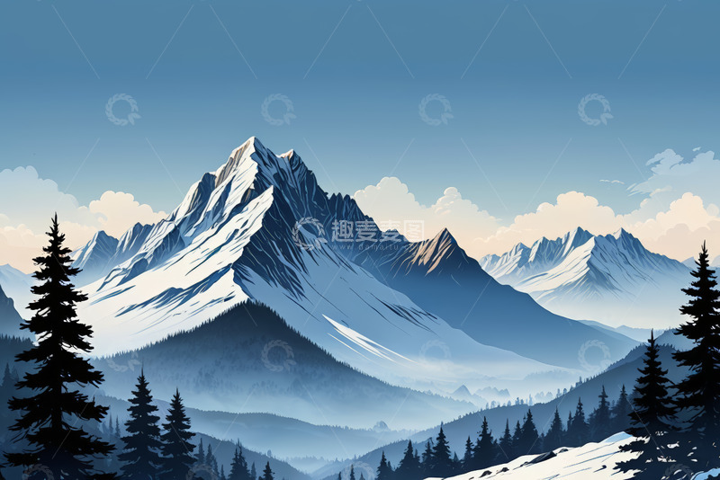 高清大图下载【趣麦麦图】雪山森林自然风光全景