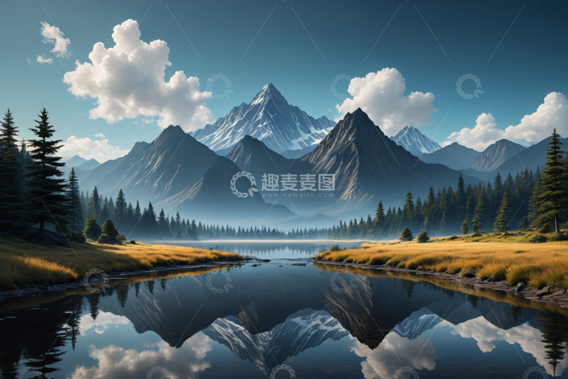 高清大图下载【趣麦麦图】山景湖泊与森林自然风光