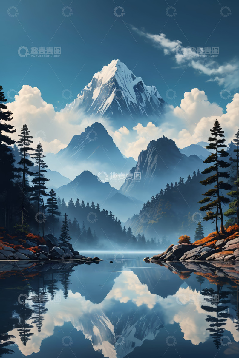 高清大图下载【趣麦麦图】雪山湖泊森林自然风景