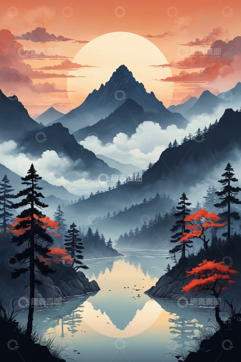 高清大图下载【趣麦麦图】山水间日落自然风光景象