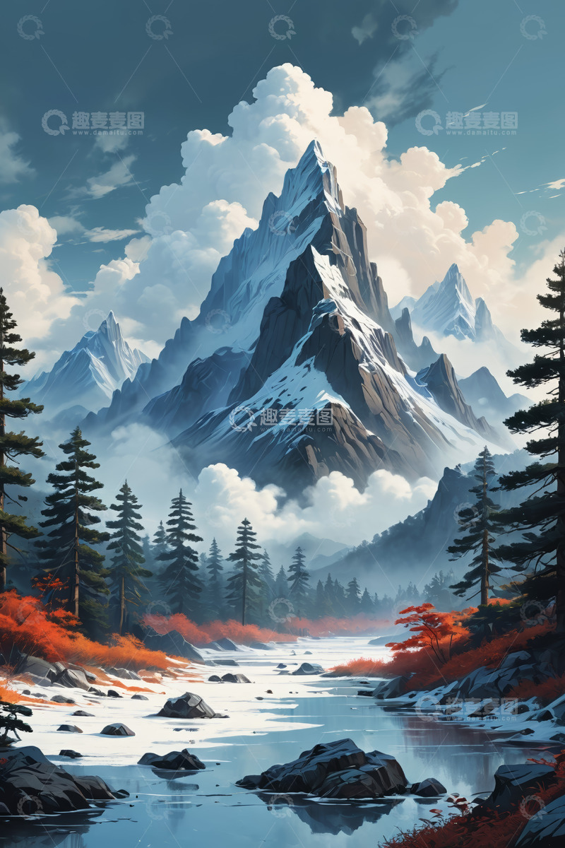 高清大图下载【趣麦麦图】雪山森林河流自然风光