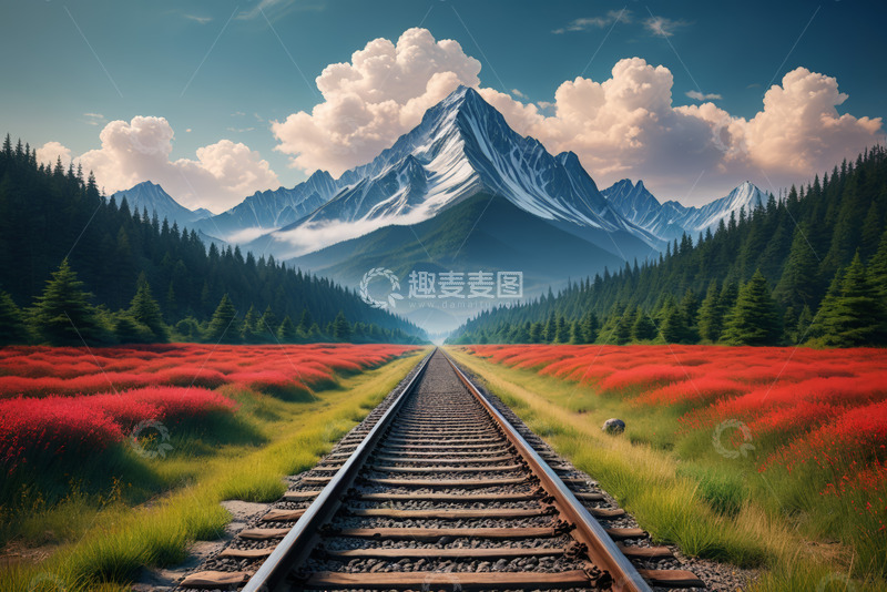 高清大图下载【趣麦麦图】山间铁路旁的红花与雪山景观