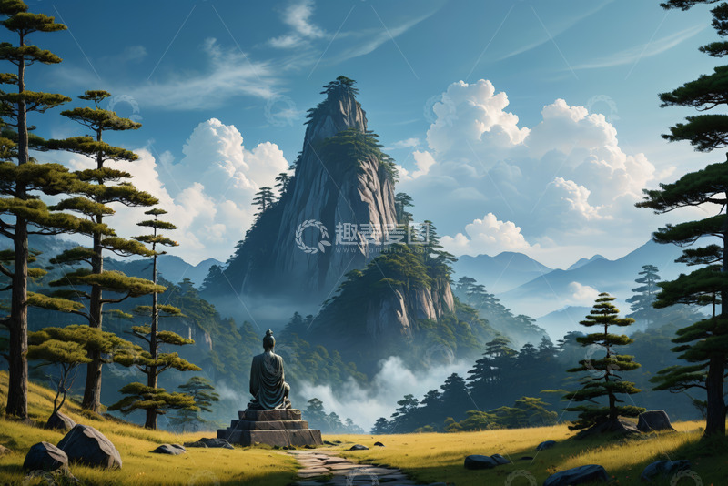 高清大图下载【趣麦麦图】山间佛像与自然风光景观