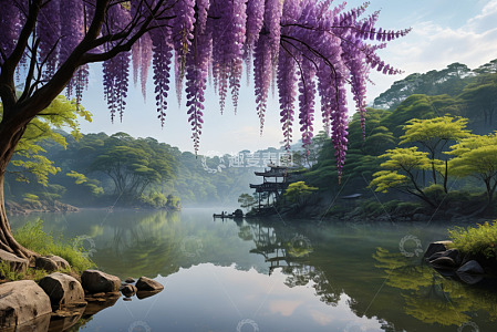 湖畔紫藤树与中式楼阁风景