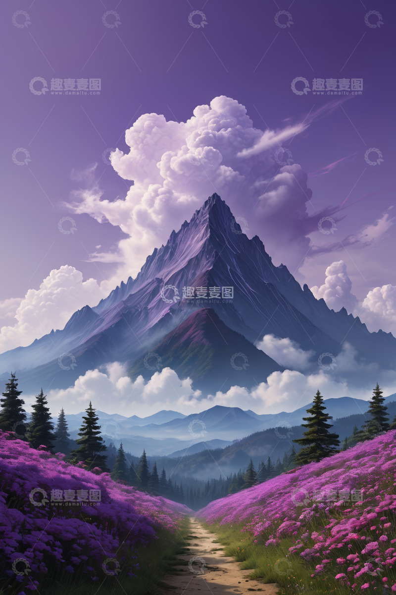 高清大图下载【趣麦麦图】山间紫色花海与巍峨山峰景观