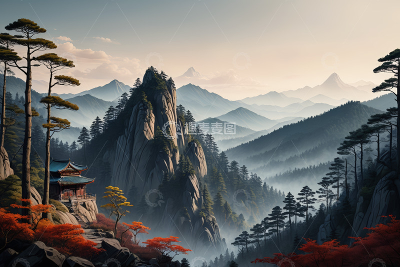 高清大图下载【趣麦麦图】山谷中式建筑与山林风光