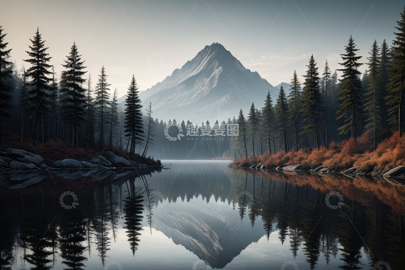 高清大图下载【趣麦麦图】山林湖泊与远处山峰景观