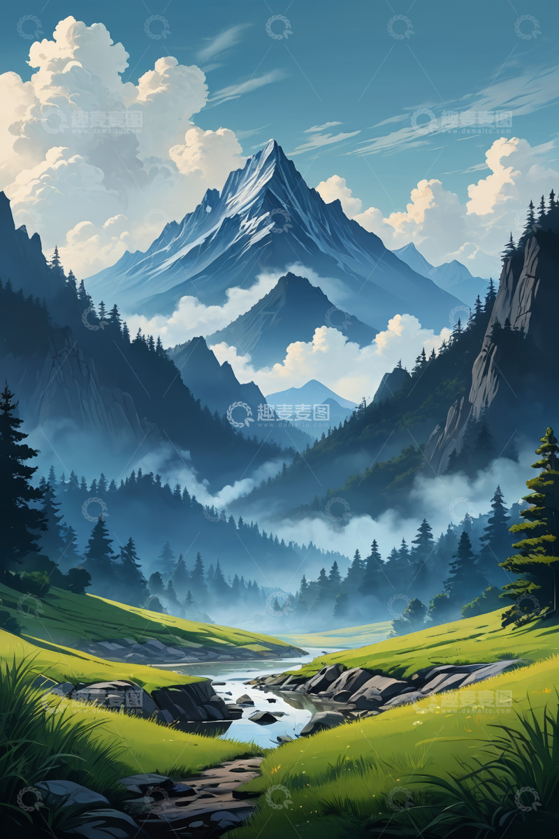 高清大图下载【趣麦麦图】山间森林与溪流自然风光