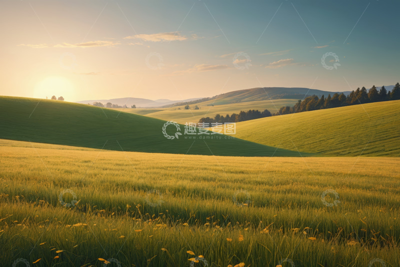 高清大图下载【趣麦麦图】日落时分的绿色田野风光