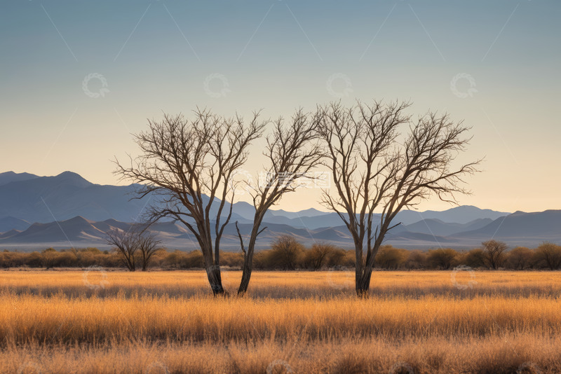 高清大图下载【趣麦麦图】旷野枯树与远山风景