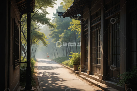 中式建筑旁林荫小道漫步场景