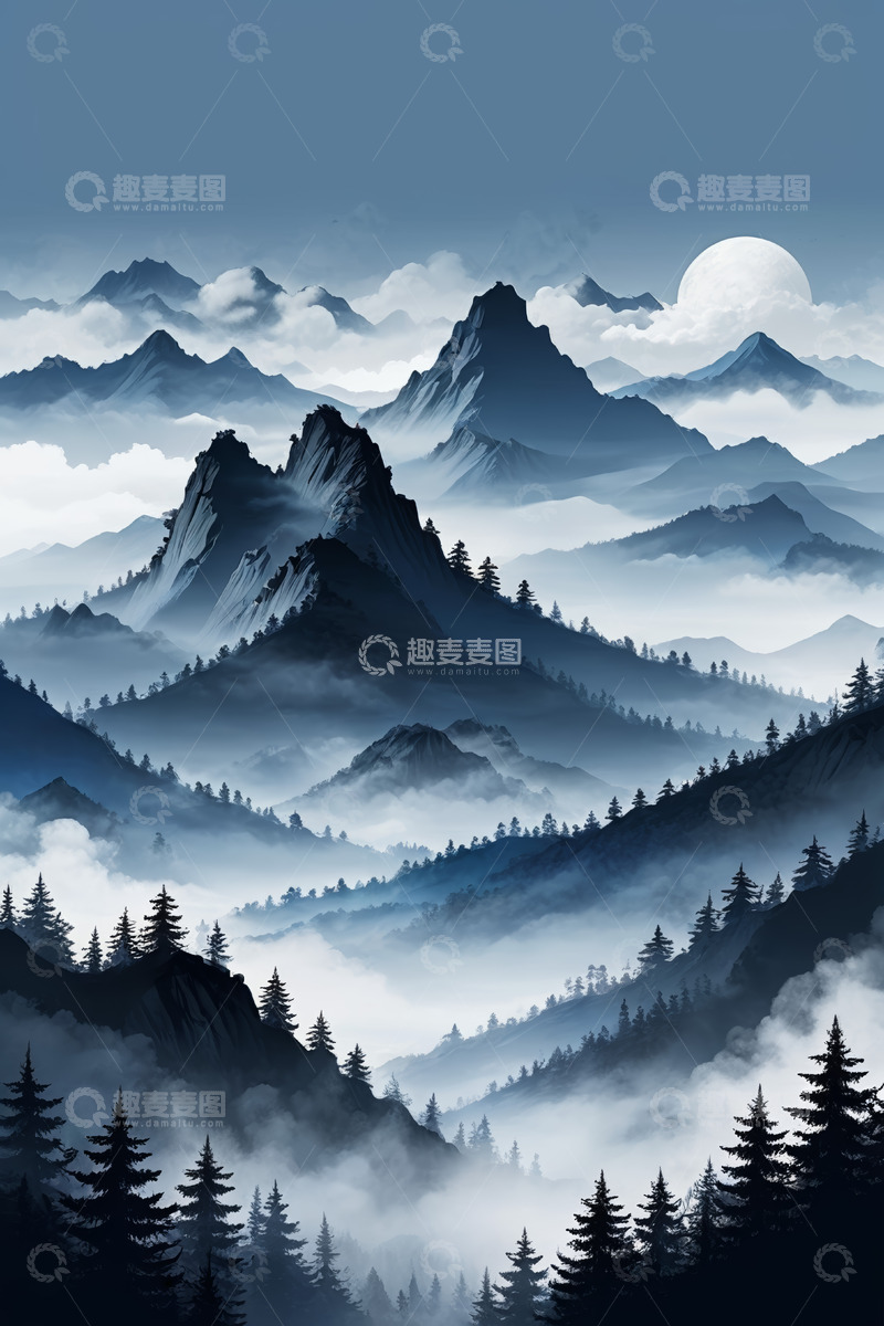 高清大图下载【趣麦麦图】月夜下的山峦与云雾景观