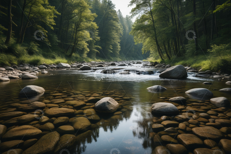 高清大图下载【趣麦麦图】森林中河流与石头自然景观