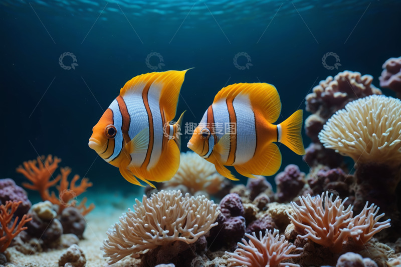 高清大图下载【趣麦麦图】海洋中珊瑚与游动的热带鱼
