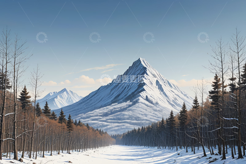 高清大图下载【趣麦麦图】雪山下的冬日森林风景