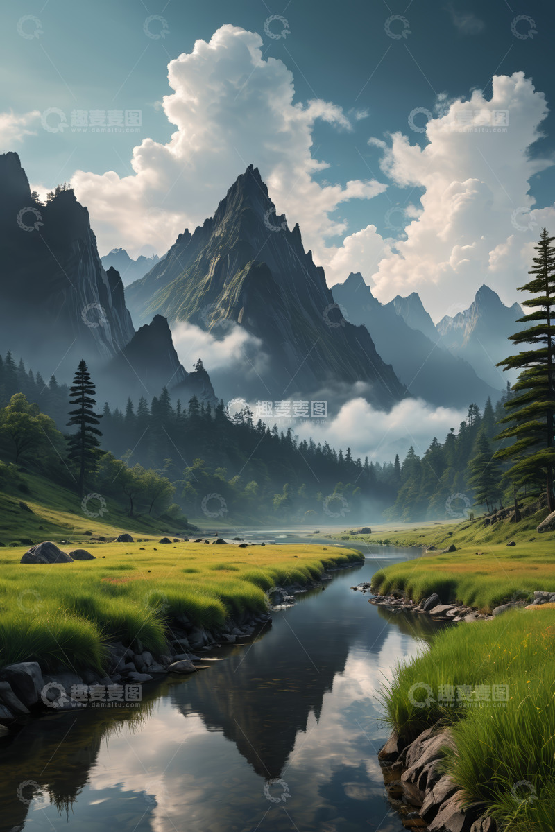高清大图下载【趣麦麦图】山间河流与草地森林风景