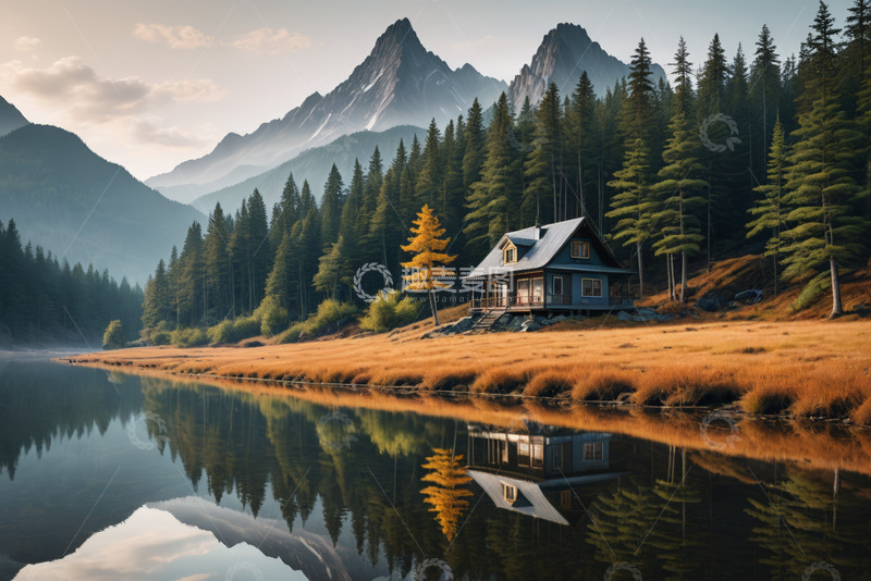 高清大图下载【趣麦麦图】湖畔山林中的小屋风景