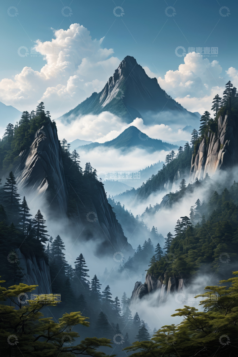 高清大图下载【趣麦麦图】云雾缭绕的山林风景