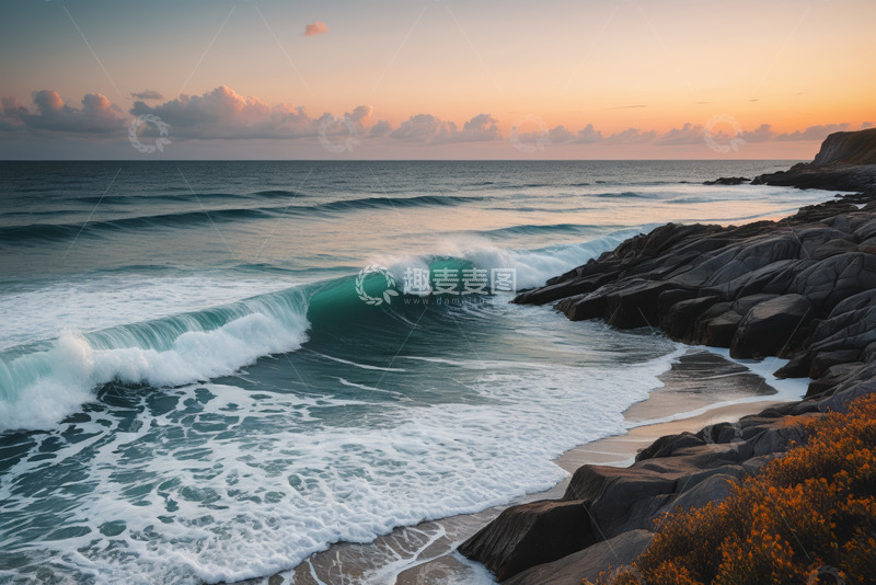 高清大图下载【趣麦麦图】夕阳下海浪拍打岩石海岸景观