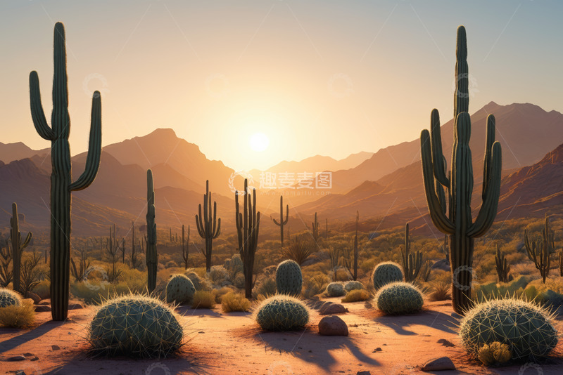 高清大图下载【趣麦麦图】沙漠仙人掌自然风光日落景象