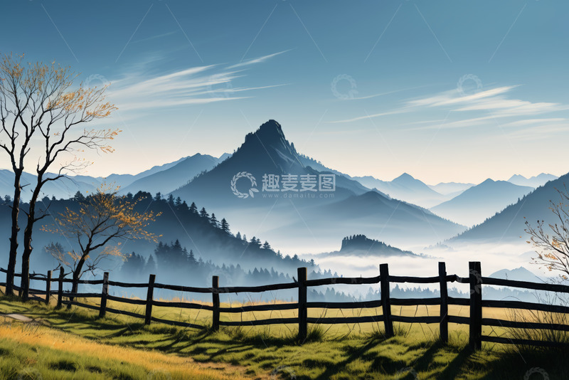 高清大图下载【趣麦麦图】山间草地木栅栏自然风光