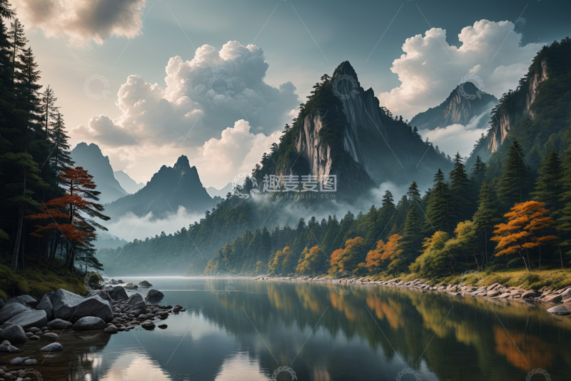 高清大图下载【趣麦麦图】山林湖泊自然风光全景