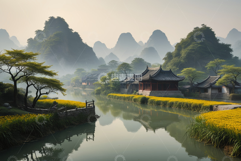 高清大图下载【趣麦麦图】桂林山水间的中式古建筑景观