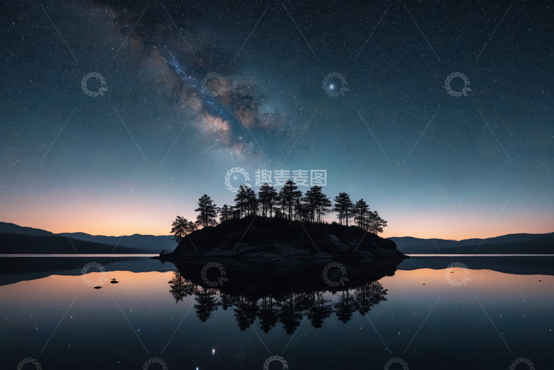 高清大图下载【趣麦麦图】夜空下湖心岛与星空倒影景观
