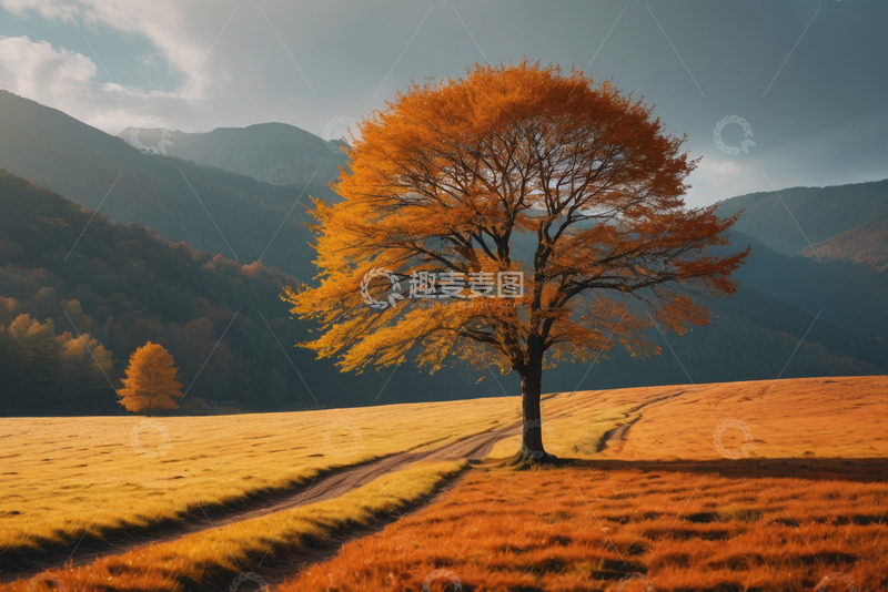 高清大图下载【趣麦麦图】秋日原野中的孤树风景