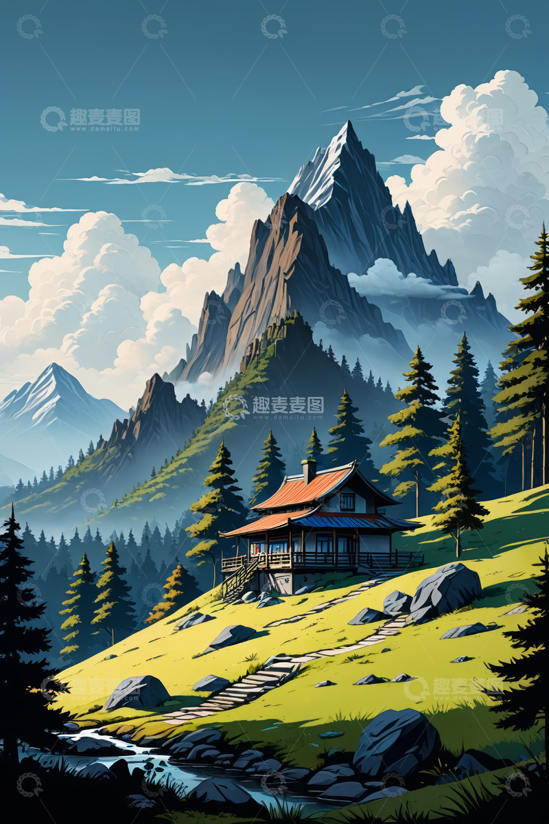 高清大图下载【趣麦麦图】山间小屋自然风光