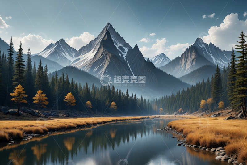 高清大图下载【趣麦麦图】山林间河流与巍峨雪山风景