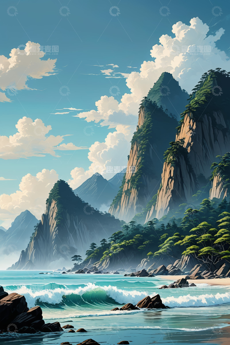 高清大图下载【趣麦麦图】山海风光景色插画