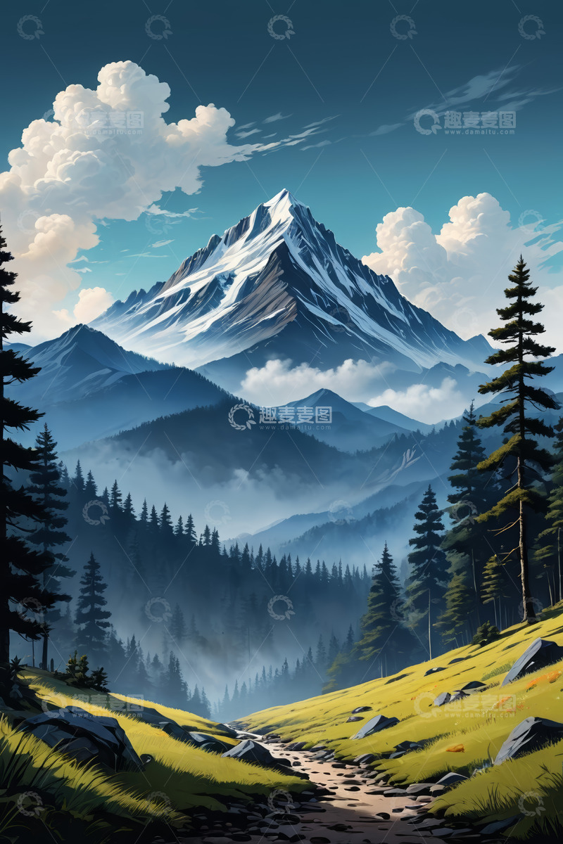 高清大图下载【趣麦麦图】雪山森林自然风光全景