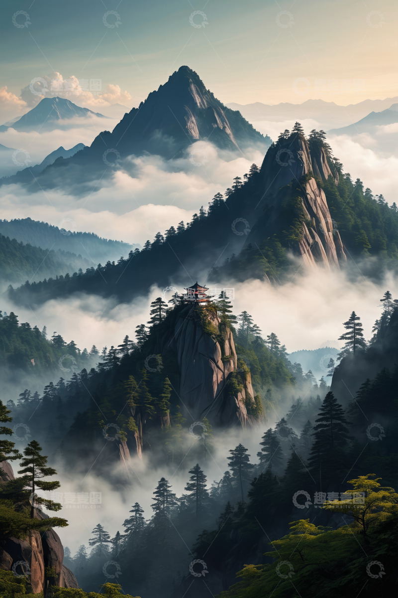 高清大图下载【趣麦麦图】云雾缭绕的山峰与山间古亭