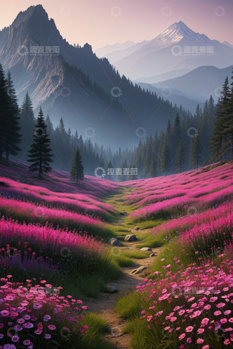 高清大图下载【趣麦麦图】山间烂漫花海与葱郁树林风景