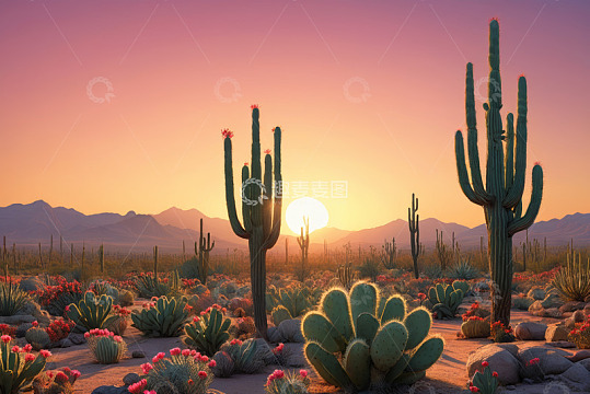 沙漠仙人掌夕阳自然风光