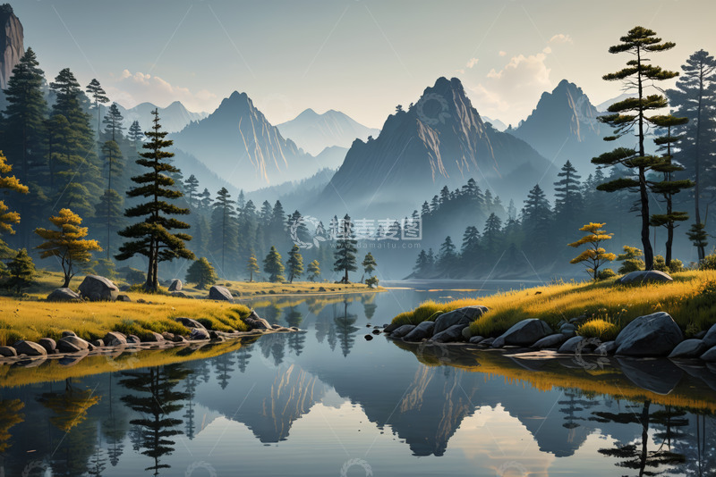 高清大图下载【趣麦麦图】山林间静谧湖泊景观