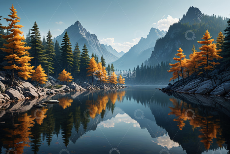 高清大图下载【趣麦麦图】山水间的森林湖泊美景