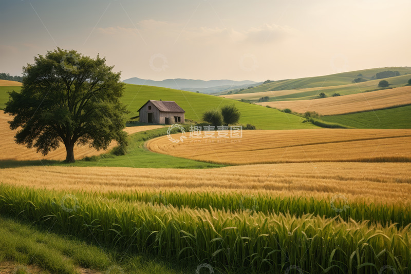 高清大图下载【趣麦麦图】田野间小屋与麦田风景