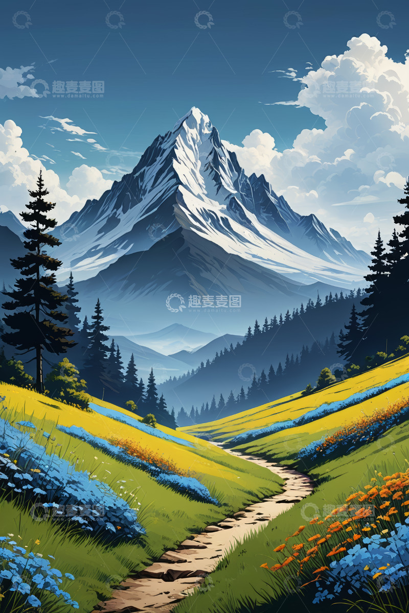 高清大图下载【趣麦麦图】山间小路旁花草与巍峨雪山