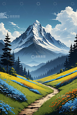 山间小路旁花草与巍峨雪山
