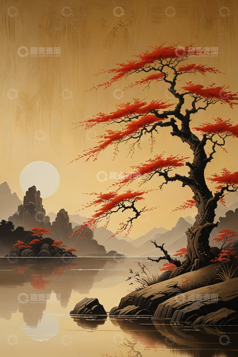 高清大图下载【趣麦麦图】中式山水意境夕阳红树景观