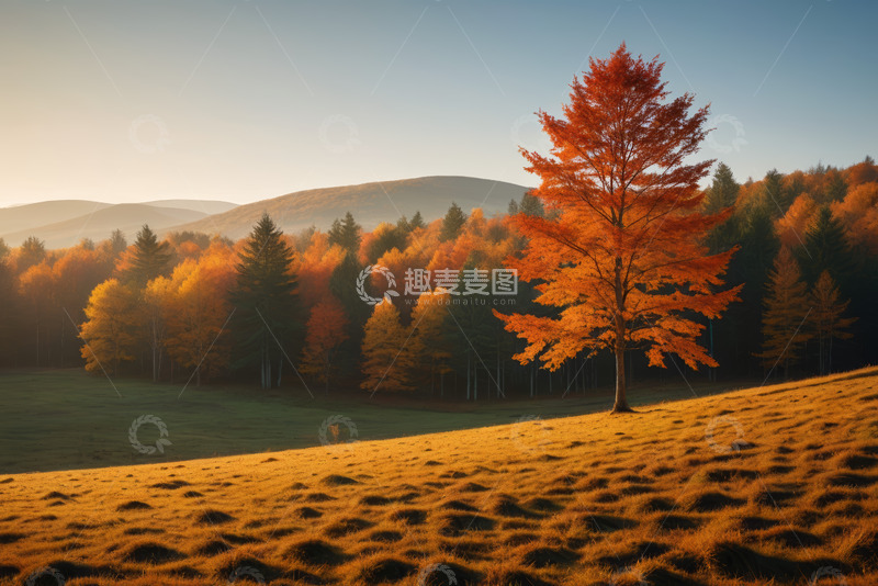高清大图下载【趣麦麦图】秋日山坡上的孤树与森林景观