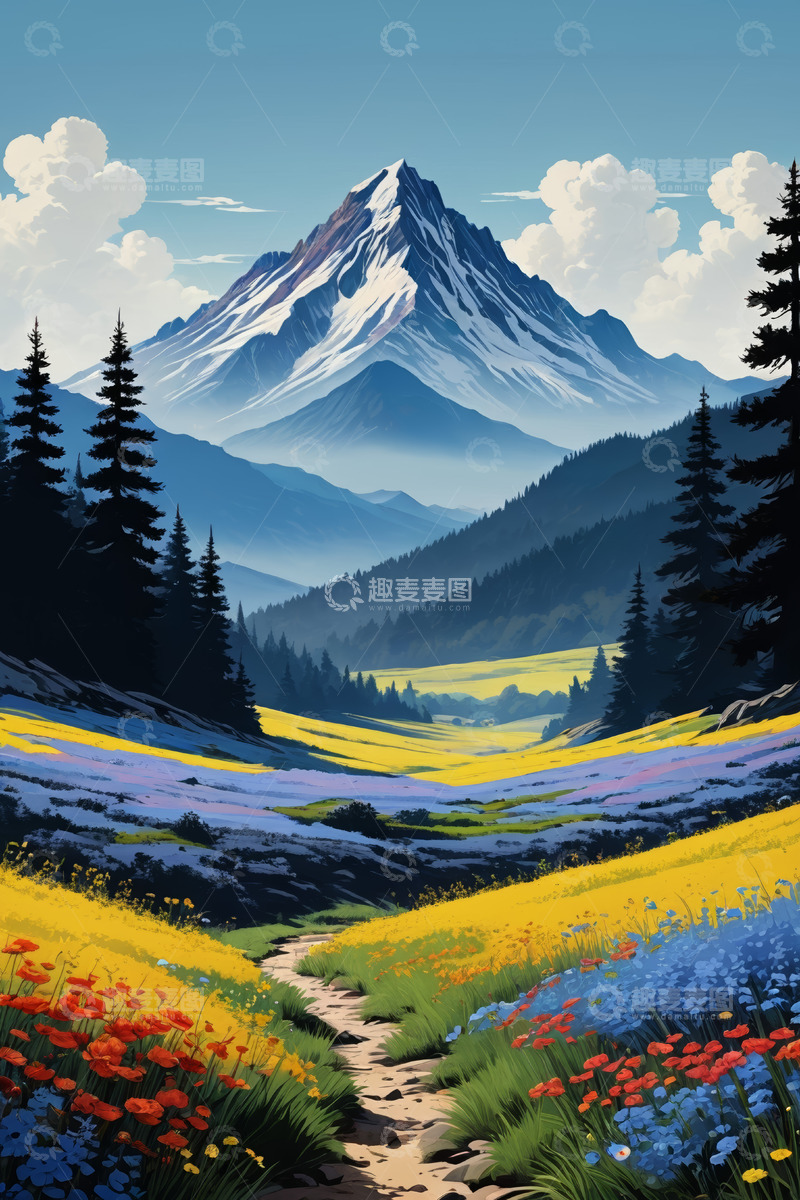 高清大图下载【趣麦麦图】山间花海与巍峨雪山景观