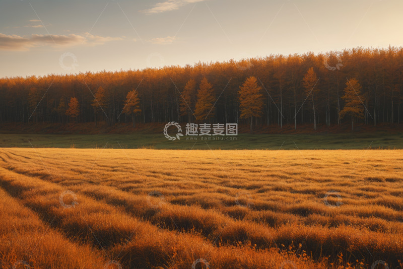 高清大图下载【趣麦麦图】秋日原野与远方森林风景